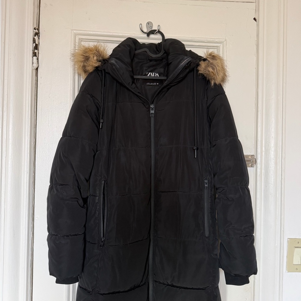 Zara Black Puffer Jacket with Faux Fur Trim